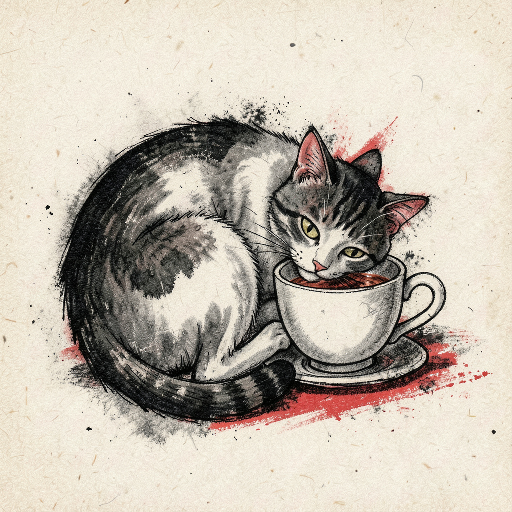 A whimsical charcoal illustration of a cat curled up beside a cup of tea, with delicate linework on recycled paper.